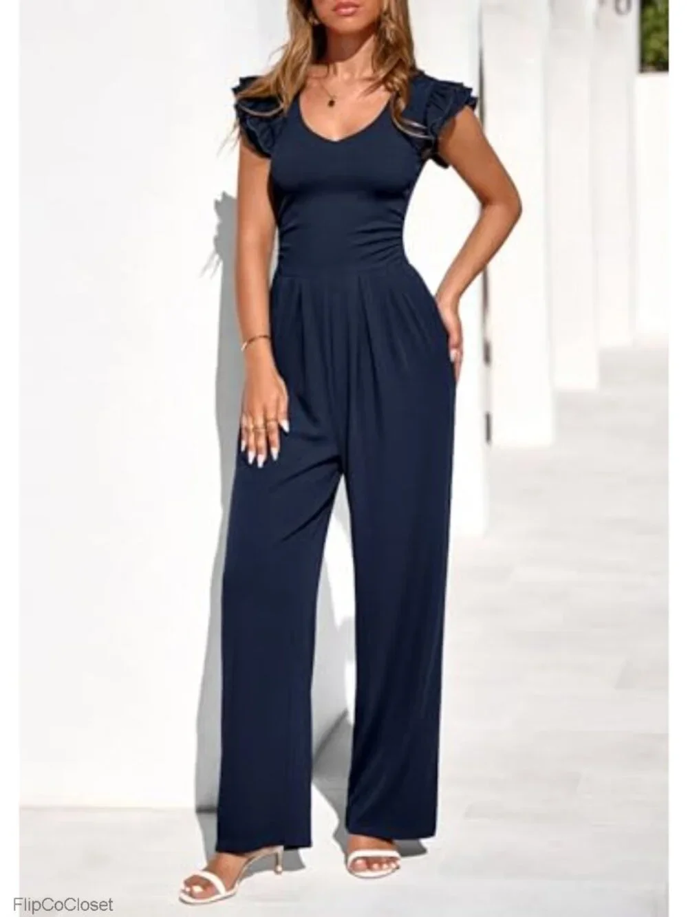 Wide Leg Jumpsuit for Women V Neck Ruffle Cap Sleeve